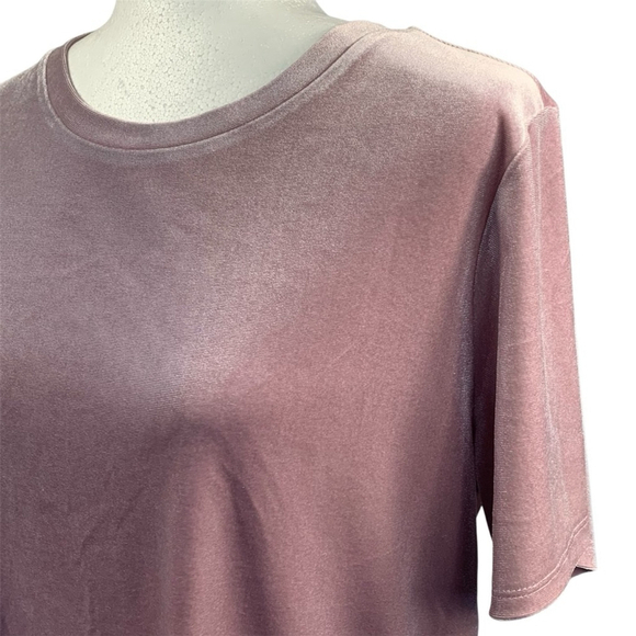 Elevated Basic T-shirt Velveteen Statement Top S-Sleeve Side Slit Dusty Rose M - Picture 6 of 12